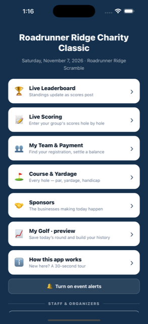 GolfTracker app: tournament home screen with leaderboard, scoring, team and course tiles