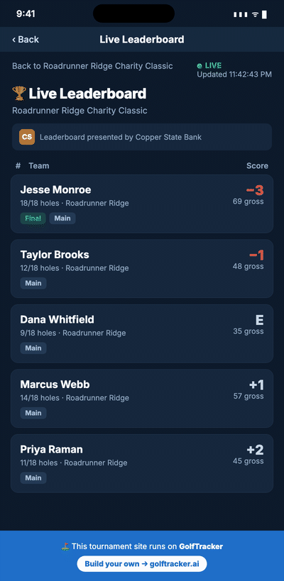GolfTracker app: the live leaderboard updating as a player posts a birdie and their score moves