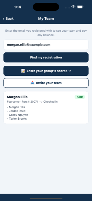GolfTracker app: my team screen with check-in status and registration payment