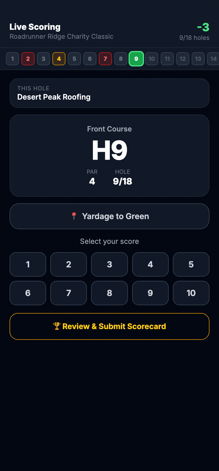 GolfTracker live scoring screen: tapping Yardage to Green reveals real GPS distance to the front, center and back of the green